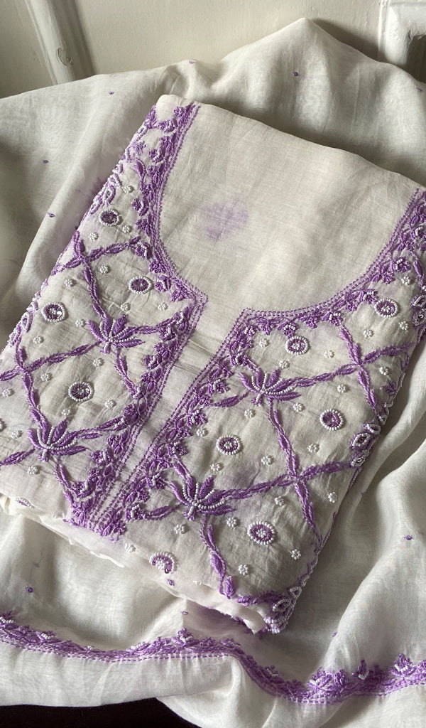 Women's Lakhnavi Handcrafted Mul Chanderi Unstitched Chikankari Full Suit Material - HONC0305480 main image 1