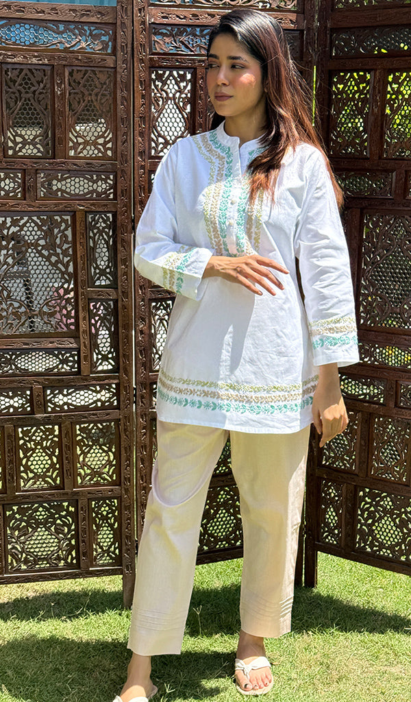 Women's Lakhnavi Handcrafted Cotton Chikankari Top And Pant Set - HONC0282051