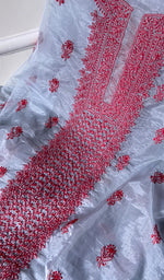 将图像加载到图库查看器中, Lakhnavi 手工制作的欧根纱 Chikankari 未缝合 Kurti 面料 - Honc0133589