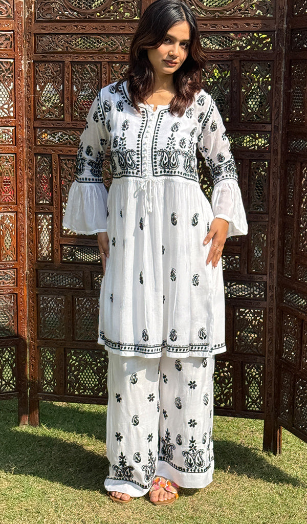 Women's Lakhnavi Handcrafted Muslin Chikankari Kurta And palazzo Set - HONC0229350