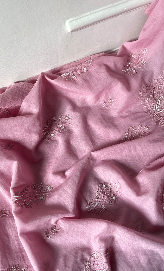 Women's Lakhnavi Handcrafted Mul Chanderi Unstitched Chikankari Full Suit Material - HONC0314659