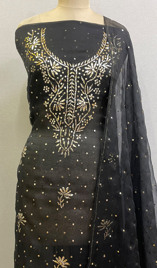 Marifa Women's Lakhnavi Handcrafted Organza Chikankari Unstitched Kurta And Dupatta Set - HONC0178793