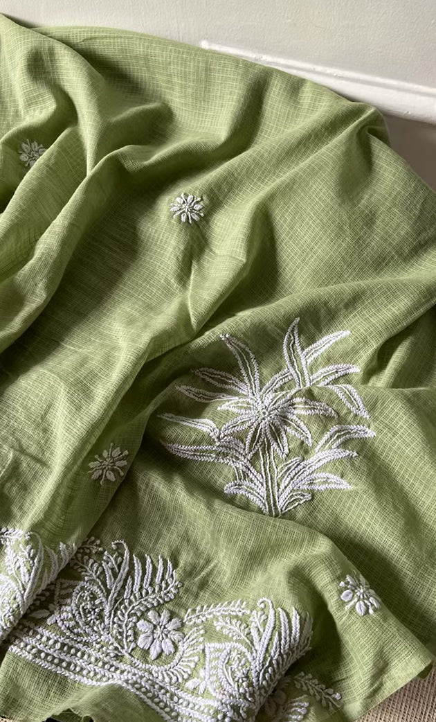 Women's Lucknowi Handcrafted Kota Cotton Chikankari Unstitched Kurta And Dupatta Set - HONC0312642