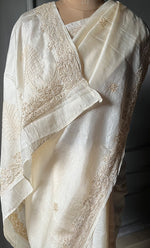 Load image into Gallery viewer, Women's Lakhnavi Handcrafted Tussar Silk Chikankari Saree - HONC0284164