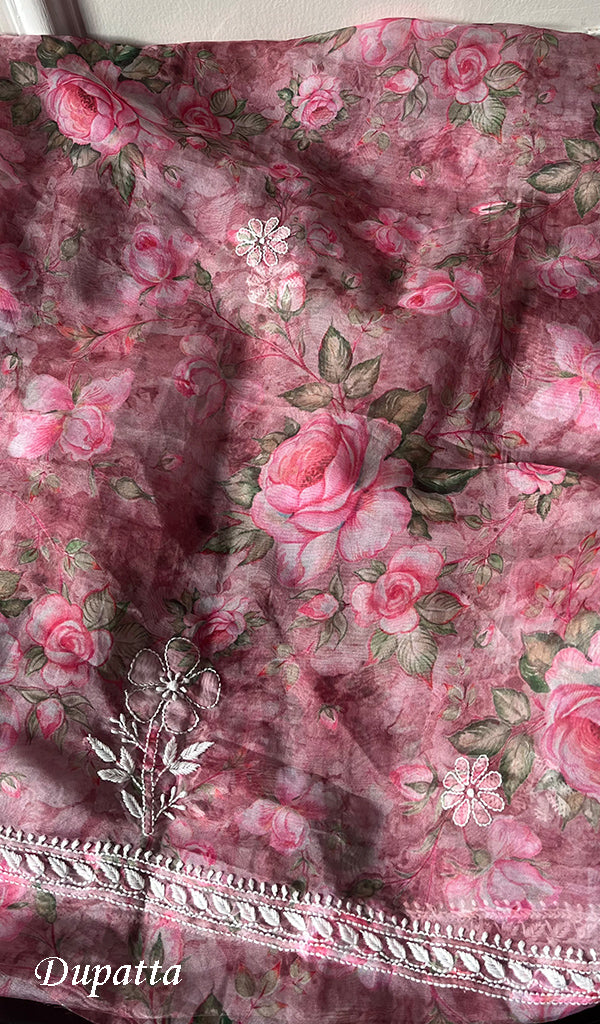 Women's Lakhnavi Handcrafted Organza Chikankari Unstitched Kurta And Dupatta Set - HONC0268887