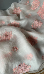 Load image into Gallery viewer, Rose Women's Lakhnavi Handcrafted Pure Organza Chikankari Unstitched Kurta And Dupatta Set - HONC030677