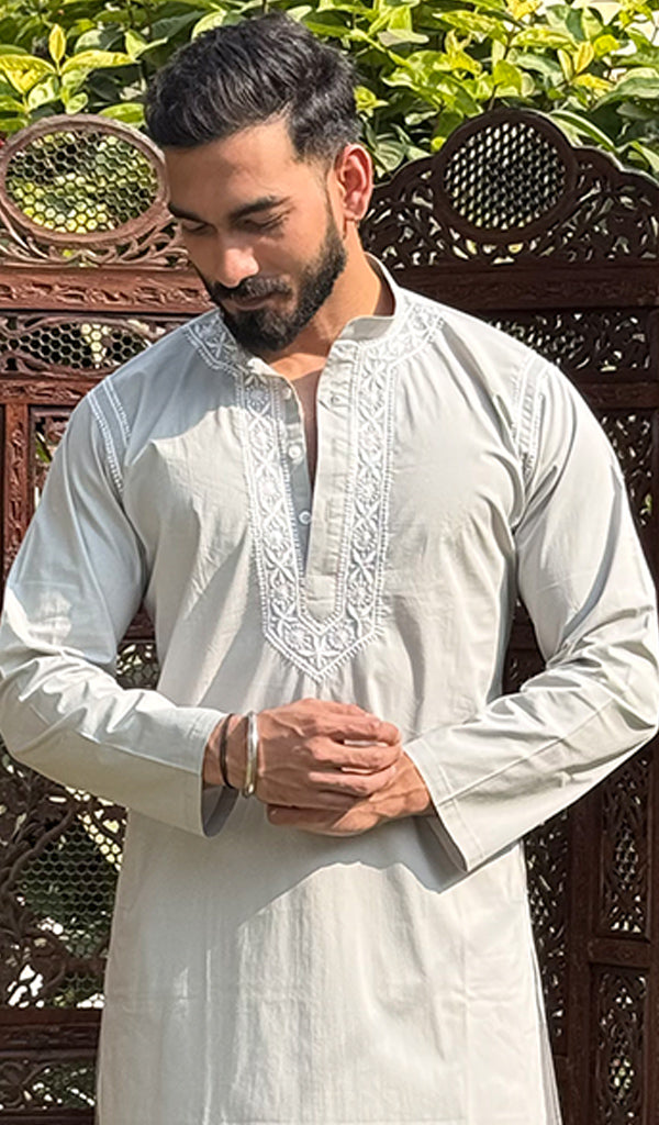 Men's Lucknowi Handcrafted Cotton Chikankari Kurta - HONC0115447
