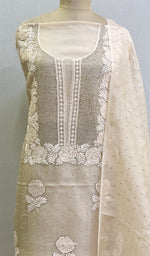 Load image into Gallery viewer, Rose Women's Lakhnavi Handcrafted Pure Organza Chikankari Unstitched Kurta And Dupatta Set- HONC0168387