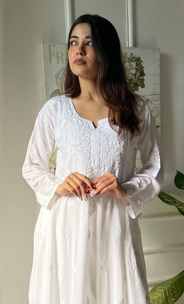 Women's Lucknowi Handcrafted Modal Cotton Chikankari Anarkali Dress - HONC0303892