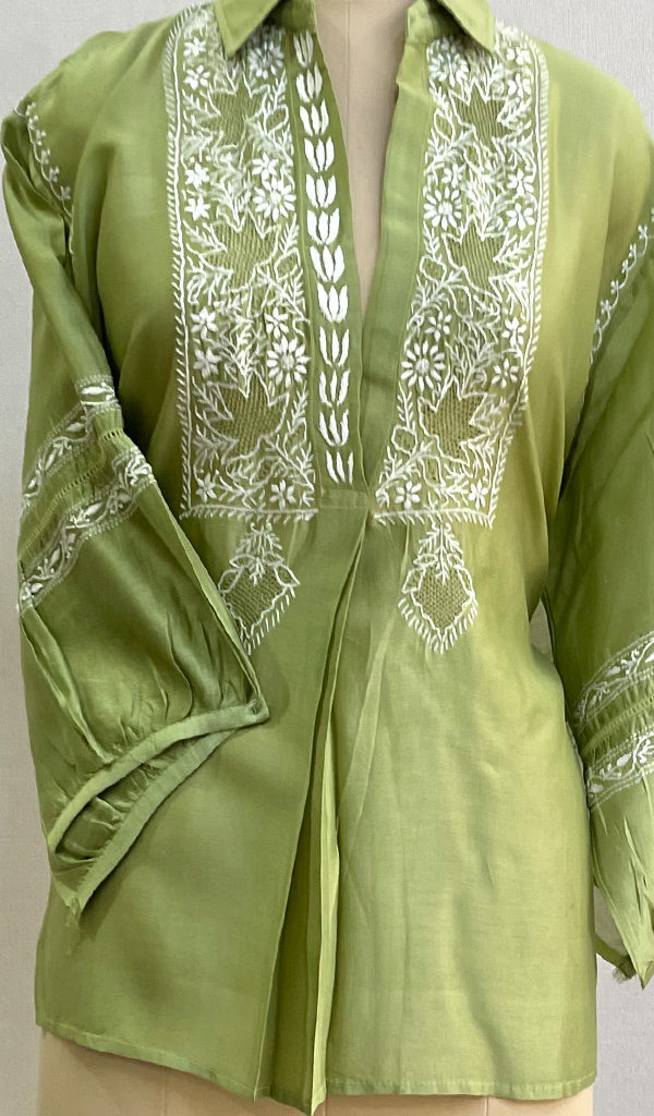 Fiza Women's Lakhnavi Handcrafted Chanderi Silk Semi- Stiched Chikankari Top - HONC0192134