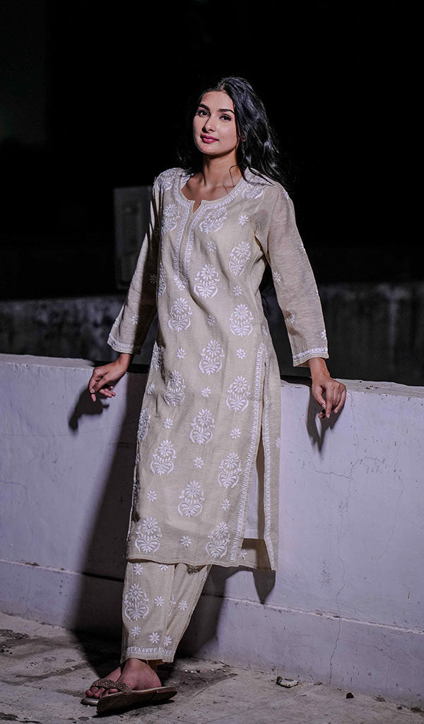 Women's Lakhnavi Handcrafted Cotton Chikankari Kurta And Kurta Dupatta Set - HONC0245293