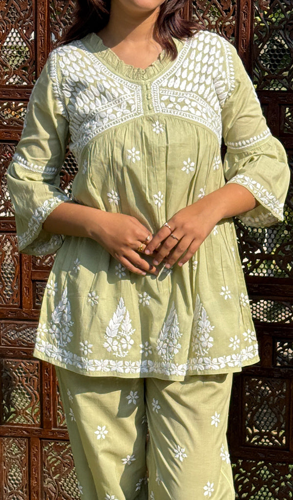 Rania Women's Lakhnavi Handcrafted Cotton Chikankari Short Kurta And Afghani pant Set - HONC0268726