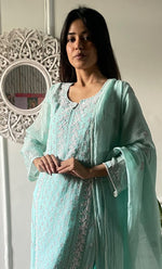 Load image into Gallery viewer, Women's Lakhnavi Handcrafted Mul Chanderi Chikankari Stitched Kurta, Dupatta And Pant Set - HONC0322167