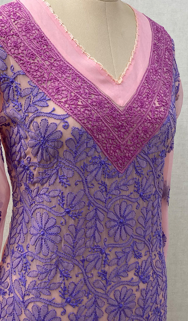 Women's Lakhnavi Handcrafted Baby Pink Faux-Georgette Chikankari Kurti - NC065814