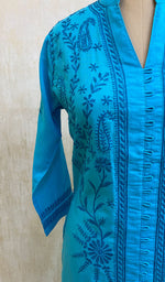 Load image into Gallery viewer, Women's Lucknowi Handcrafted Turquoise Cotton Chikankari Kurti - NC068812