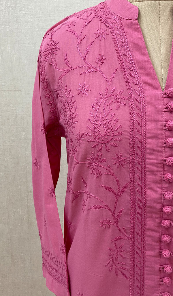 Women's Lakhnavi Handcrafted Dark Pink Cotton Chikankari Kurti - NC068817