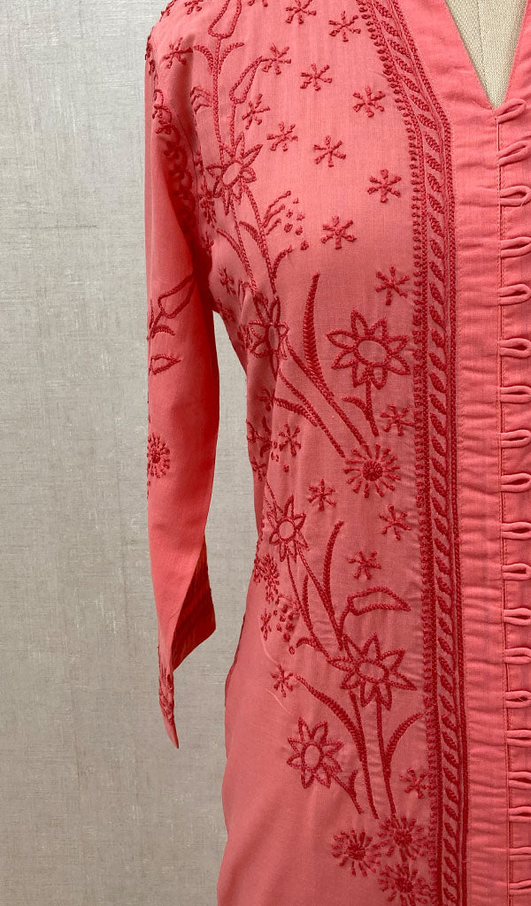 Women's Lakhnavi Handcrafted Pink Cotton Chikankari Kurti - NC068823