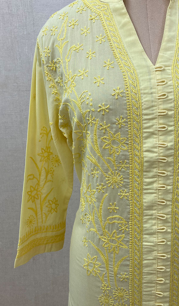 Women's Lakhnavi Handcrafted Light Yellow Cotton Chikankari Kurti - NC068829