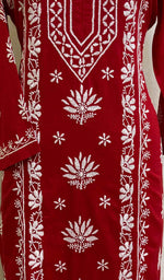 将图像加载到图库查看器中, Women's Lakhnavi Handcrafted Red Cotton Chikankari Kurti - HONC020795