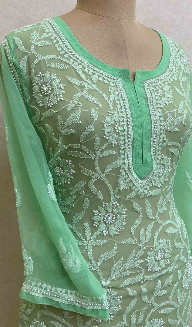 Lucknowi 手工制作人造乔其纱 Chikankari 上衣 - HONC037166