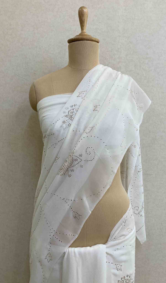 Women's Lucknowi Handcrafted Pure Silk Georgette Chikankari Saree - HONC039978