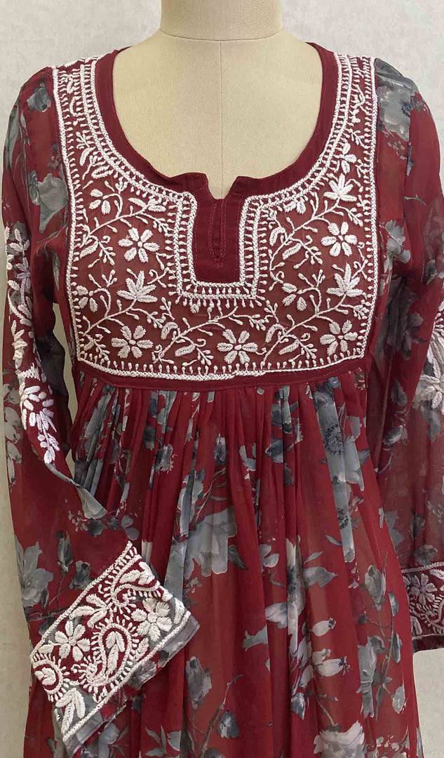 Women's Lakhnavi Handcrafted Printed Faux-Georgette Chikankari Gown - HONC048307