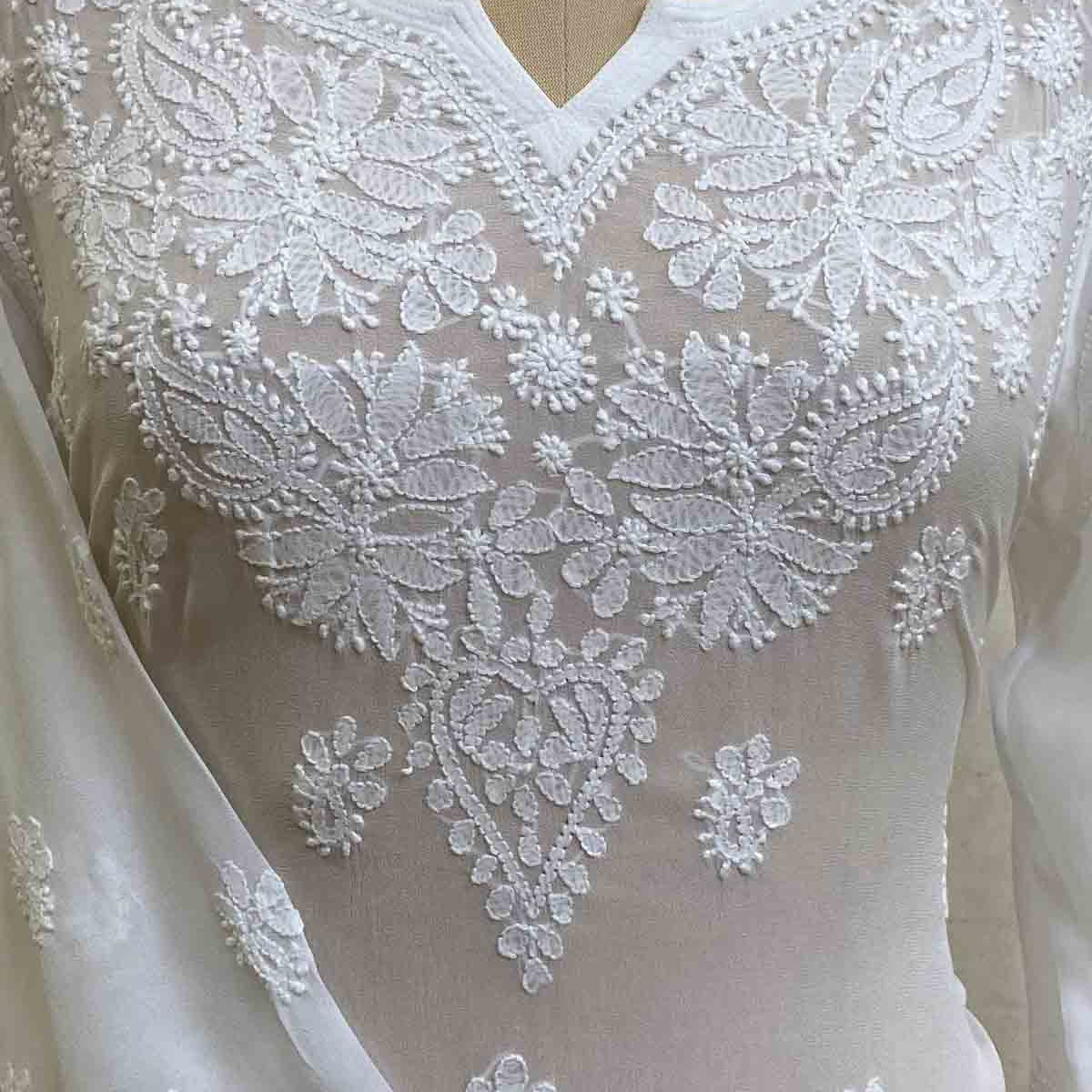 Women's Lakhnavi Handcrafted Pure Silk Georgette Chikankari Suit Material - HONC0153725