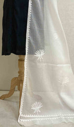 Load image into Gallery viewer, Women's Lakhnavi Handcrafted White Kota Cotton Chikankari Dupatta - HONC046553
