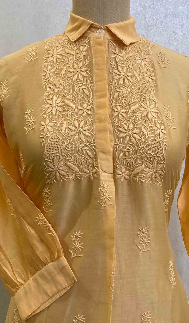 Lakhnavi 手工制作 Chanderi 丝绸 Chikankari 上衣 - HONC062102
