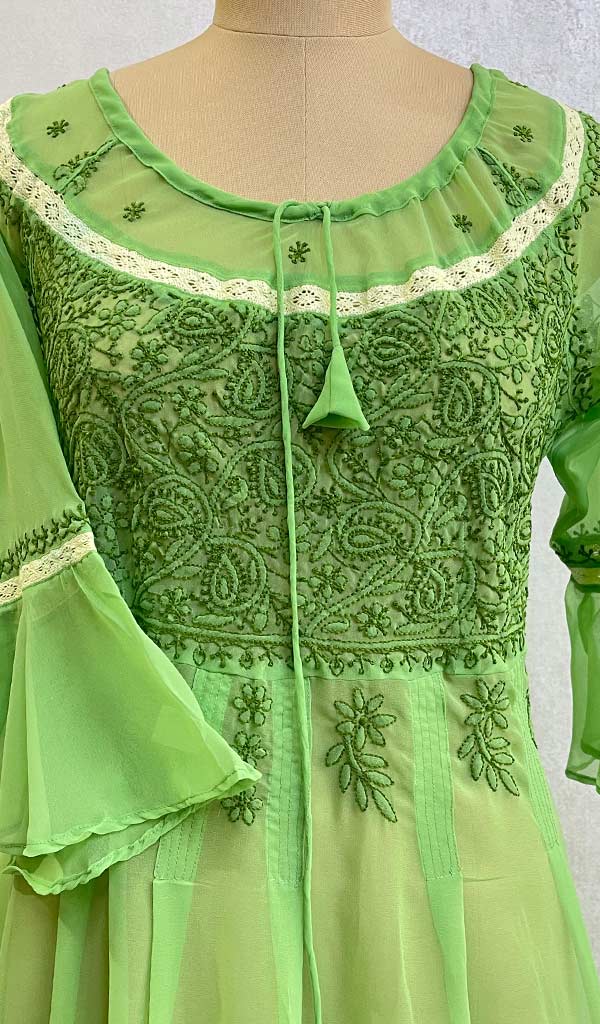 Aadab Women's Lakhnavi Handcrafted Faux-Georgette Chikankari Anarkali Dress
