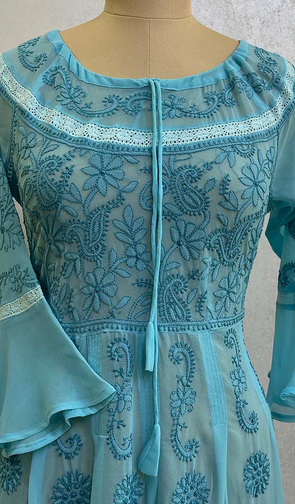 Aidah Women's Lakhnavi Handcrafted Faux-Georgette Chikankari  Anarkali Dress- HONC038979
