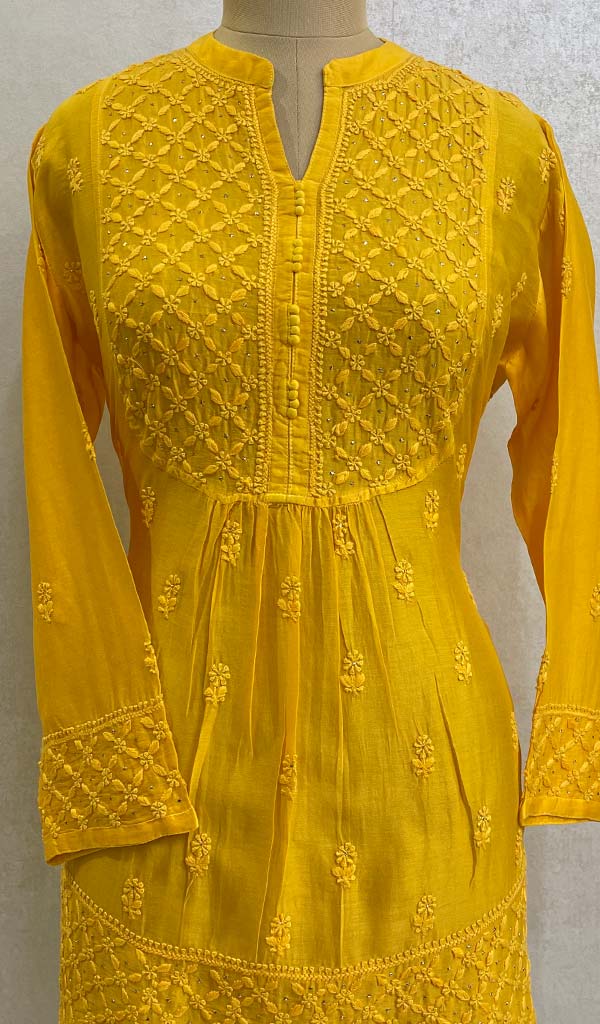 Lakhnavi 手工制作 Chanderi 丝绸 Chikankari 上衣 - HONC082892
