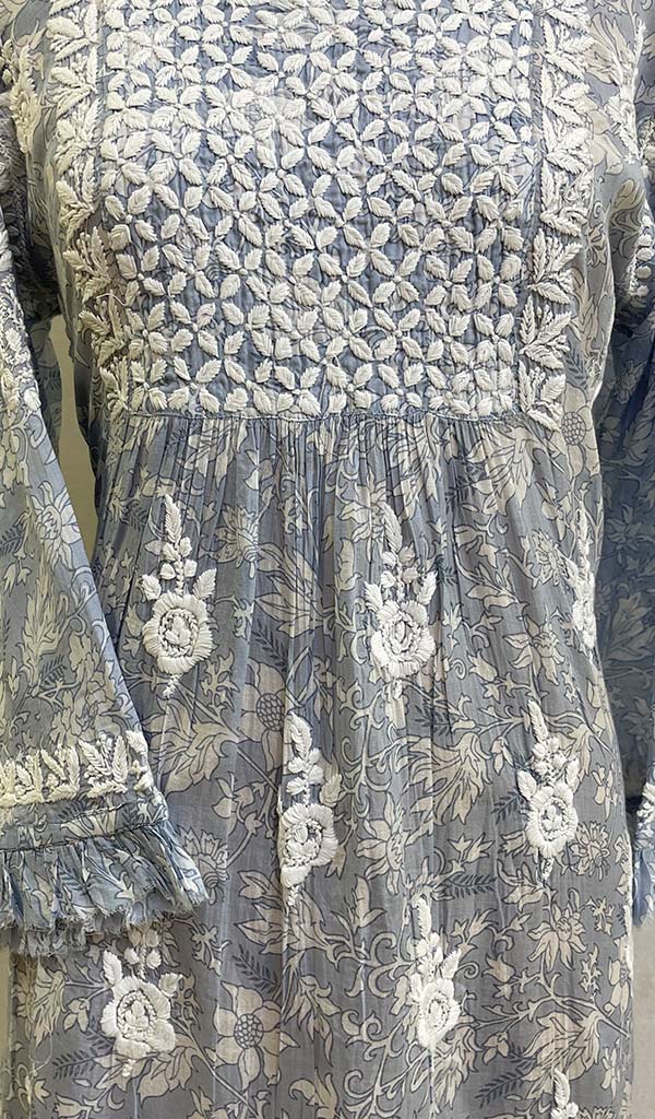 Lakhnavi 手工印花 Mulmul 棉质 Chikankari 上衣 - HONC079892