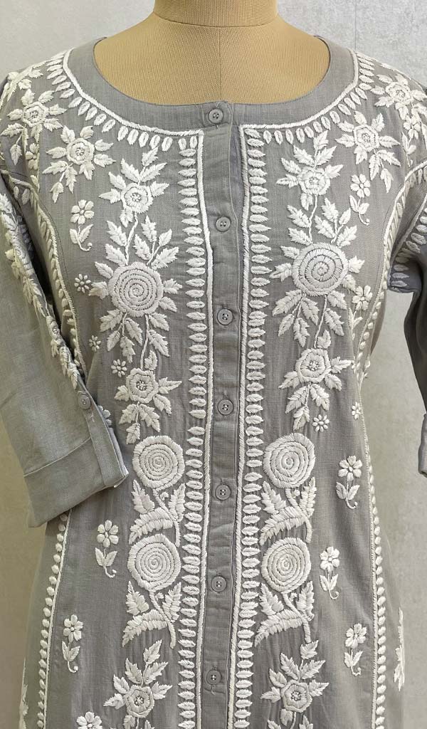 Women's Lakhnavi Handcrafted Linen Cotton Chikankari Kurti - HONC079397