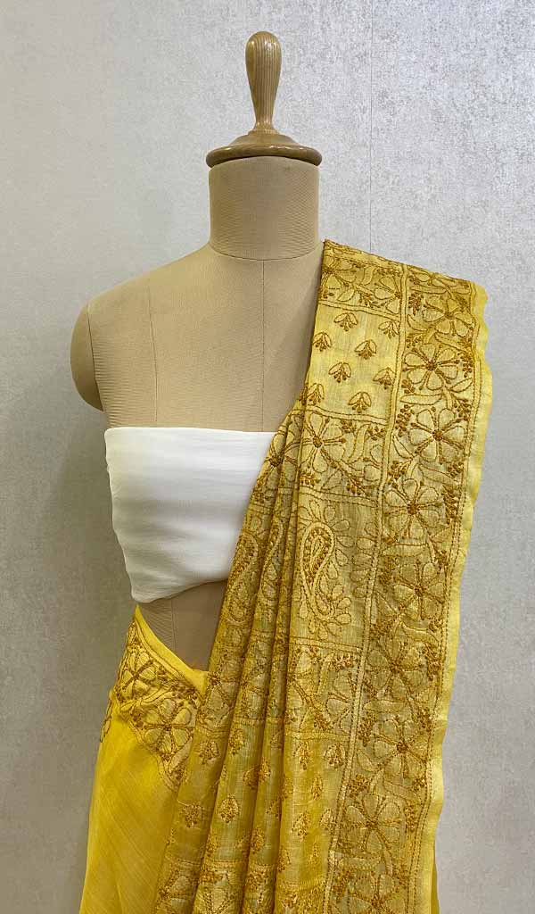 Women's Lakhnavi Handcrafted Tussar Silk Chikankari Saree - HONC077698