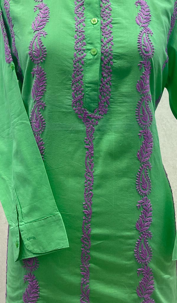 Lucknowi 手工制作的棉质 Chikankari 上衣 - HONC099122