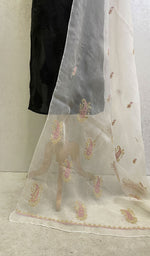 将图像加载到图库查看器中, Lucknowi 手工纯欧根纱丝绸 Chikankari Dupatta - Honc0117063