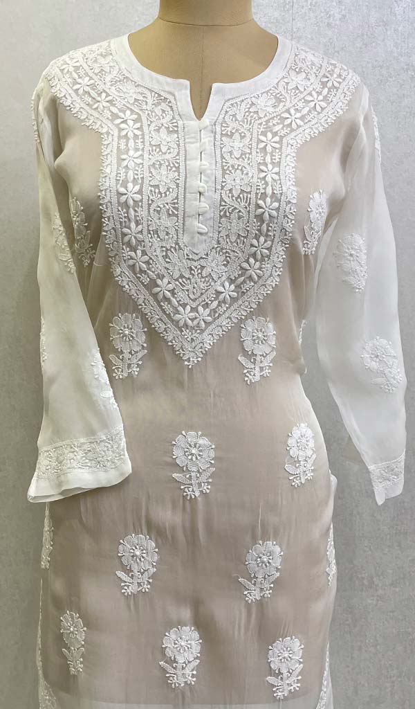 Women's Lakhnavi Handcrafted Organza Chikankari Kurti- HONC0115945
