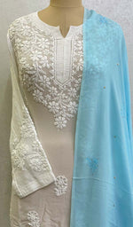 将图像加载到图库查看器中, 勒克瑙手工制作粘胶乔其纱 Chikankari Dupatta - Honc095703