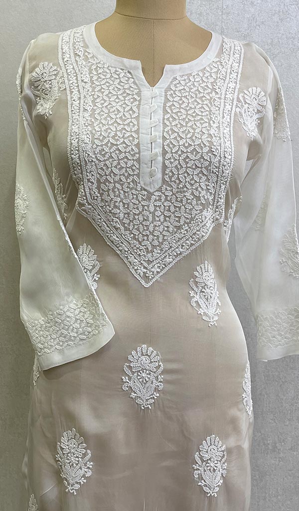 Women's Lakhnavi Handcrafted Organza Chikankari Kurti - HONC0105942