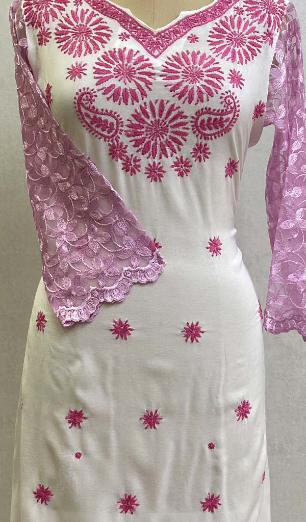 Lakhnavi 手工制作的 Chikankari 棉质上衣 - HONC0132279