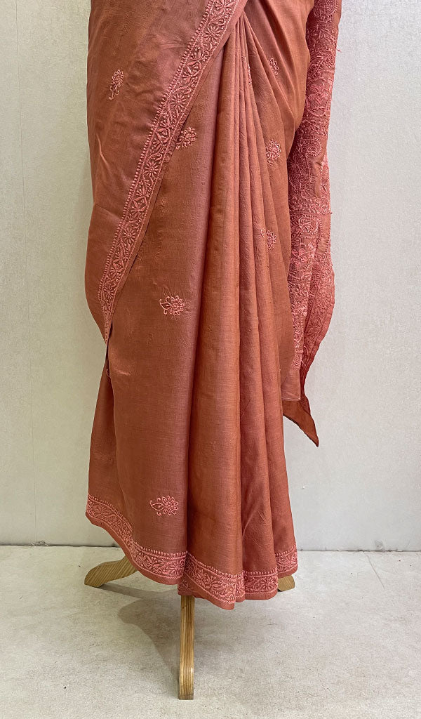 Women's Lakhnavi Handcrafted Tussar Silk Chikankari Saree - HONC0129875