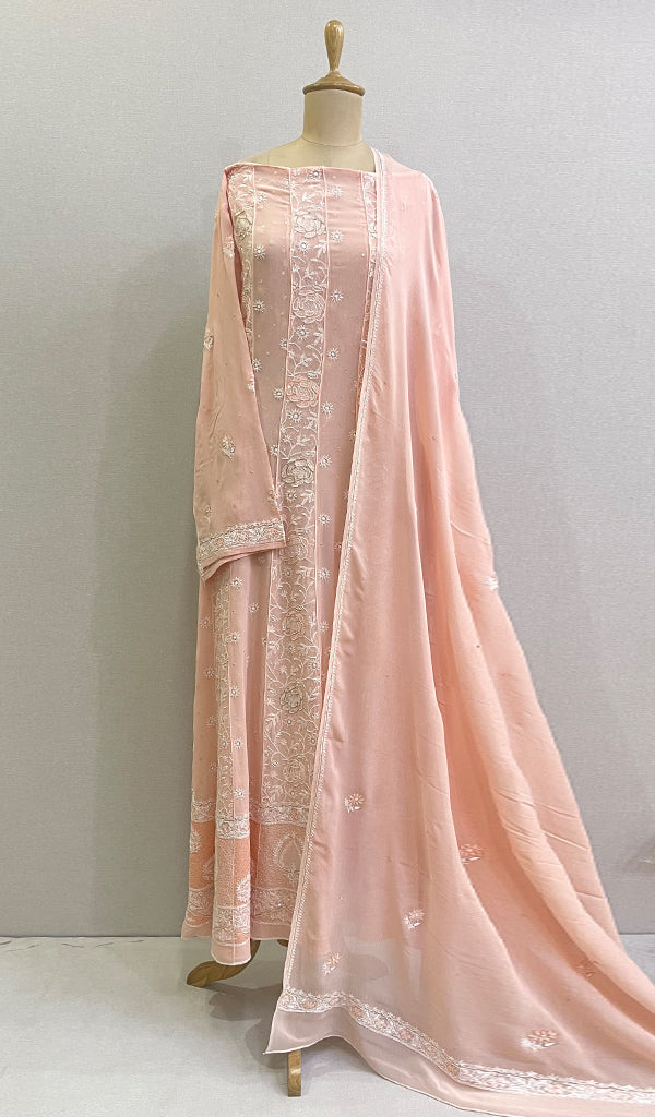 Women's Lakhnavi Handcrafted Pure Silk Georgette Chikankari Kurta And Dupatta Set - HONC0166869