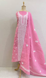 Load image into Gallery viewer, Chavi Women's Lakhnavi Handcrafted Cotton Chikankari Kurta And Dupatta Set- HONC0212208