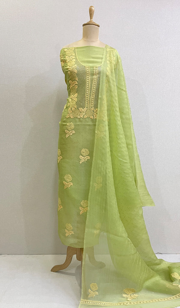 Women's Lakhnavi Handcrafted Organza Chikankari Unstitched Full Suit Material - HONC0284626