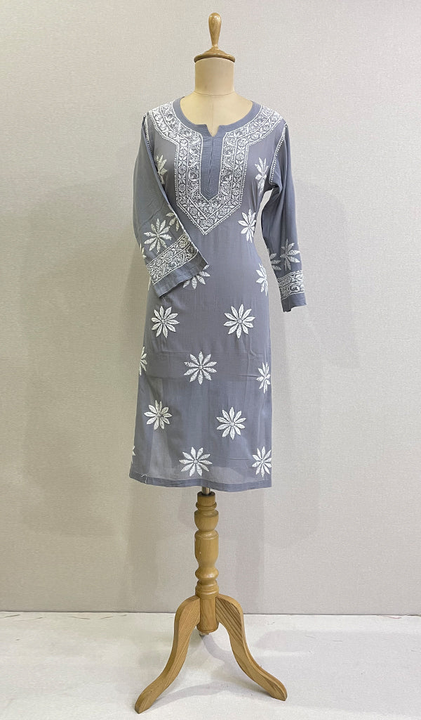 Grey Women's Lucknowi Handcrafted Cotton Chikankari Kurti