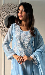 Load image into Gallery viewer, Women's Lakhnavi Handcrafted Mul Chanderi Chikankari Stitched Kurta, Dupatta And Pant Set - HONC0317786