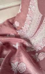 Load image into Gallery viewer, Rose Women's Lakhnavi Handcrafted Pure Organza Chikankari Unstitched Kurta And Dupatta Set- HONC0292518