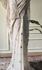 Load image into Gallery viewer, Women's Lakhnavi Handcrafted Pure Silk Georgette Chikankari Saree - HONC0313292