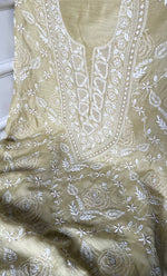 将图像加载到图库查看器中, Women's Lakhnavi Handcrafted Munga Silk Chikankari Unstitched Kurti Fabric - HONC0316124
